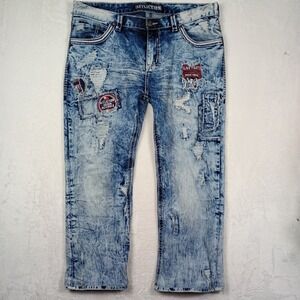 Affliction Freedom Defender Distressed Acid Wash Blue Denim Jeans Mens Patches